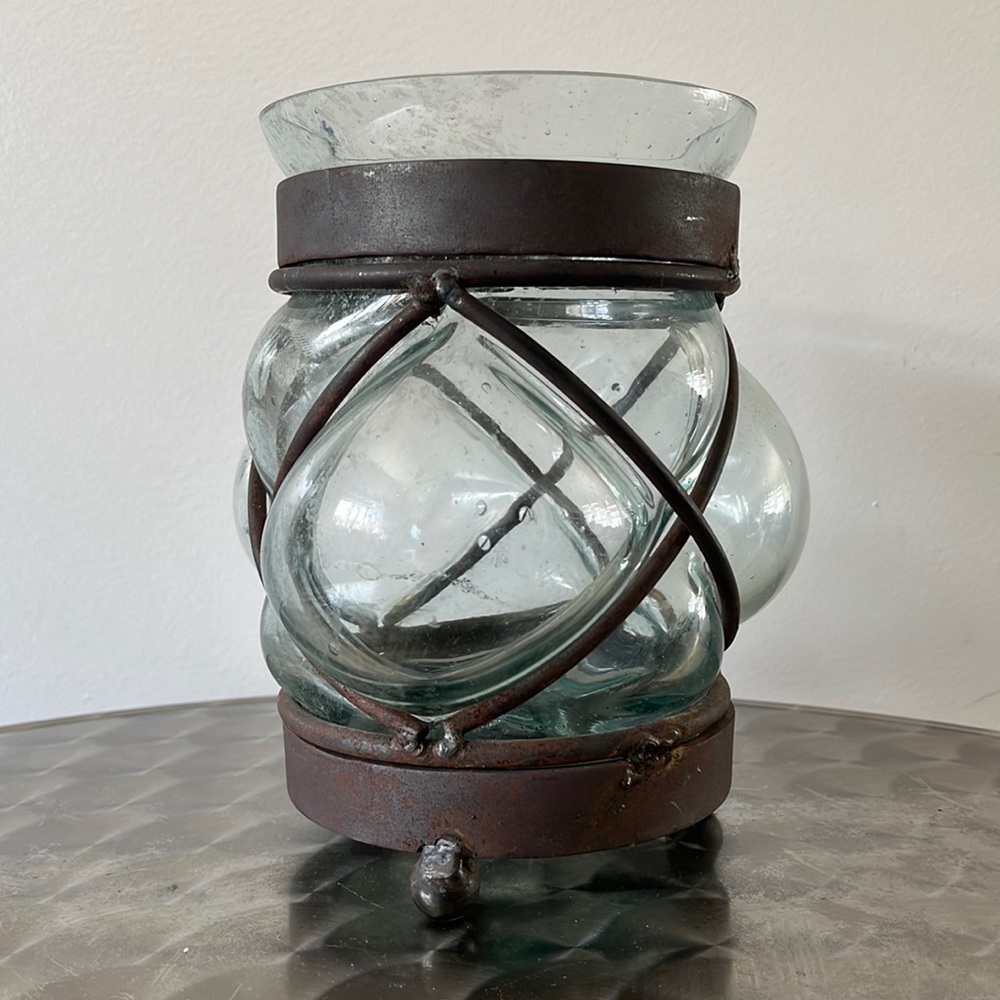 Vintage Iron And Bubble Glass Candle Holder